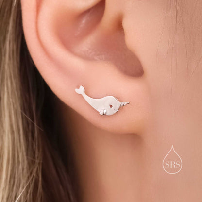 Narwhal Unicorn Whale Stud Earrings in Sterling Silver, Cute Fun Quirky, Gift for Her, Animal Lover, Nature Inspired, Nautical Ocean