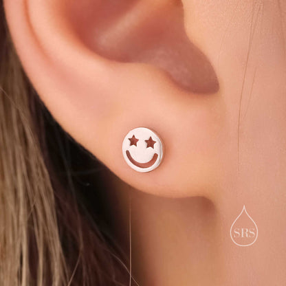 Starry Eyed Face Stud Earrings in Sterling Silver, Silver or Gold or Rose Gold, Sterling Silver Smile Earrings