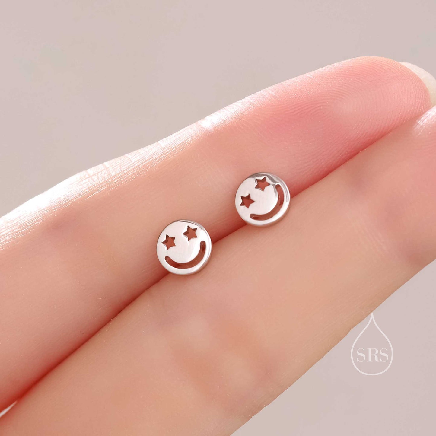 Starry Eyed Face Stud Earrings in Sterling Silver, Silver or Gold or Rose Gold, Sterling Silver Smile Earrings