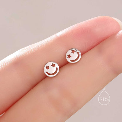 Starry Eyed Face Stud Earrings in Sterling Silver, Silver or Gold or Rose Gold, Sterling Silver Smile Earrings