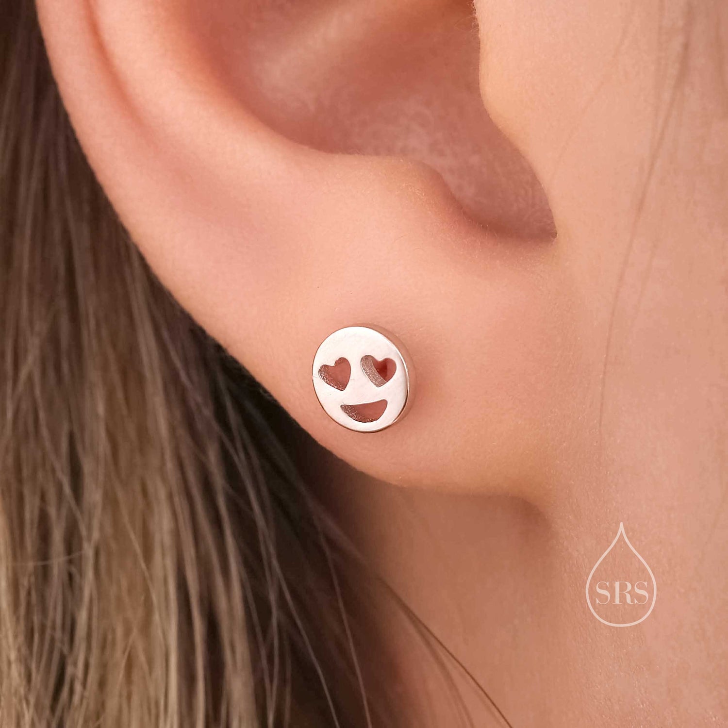 Heart Eyes Face Stud Earrings in Sterling Silver, Silver or Gold or Rose Gold, Sterling Silver Smile Earrings