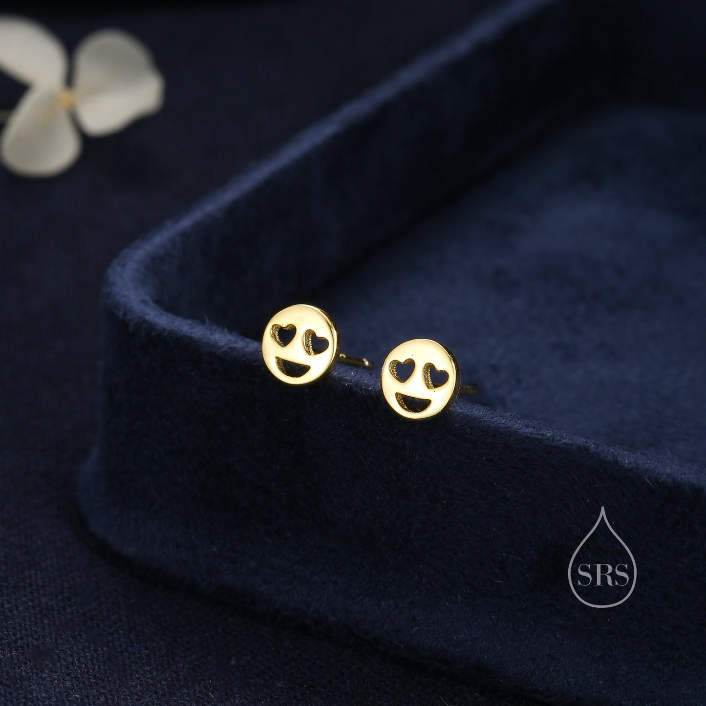 Heart Eyes Face Stud Earrings in Sterling Silver, Silver or Gold or Rose Gold, Sterling Silver Smile Earrings