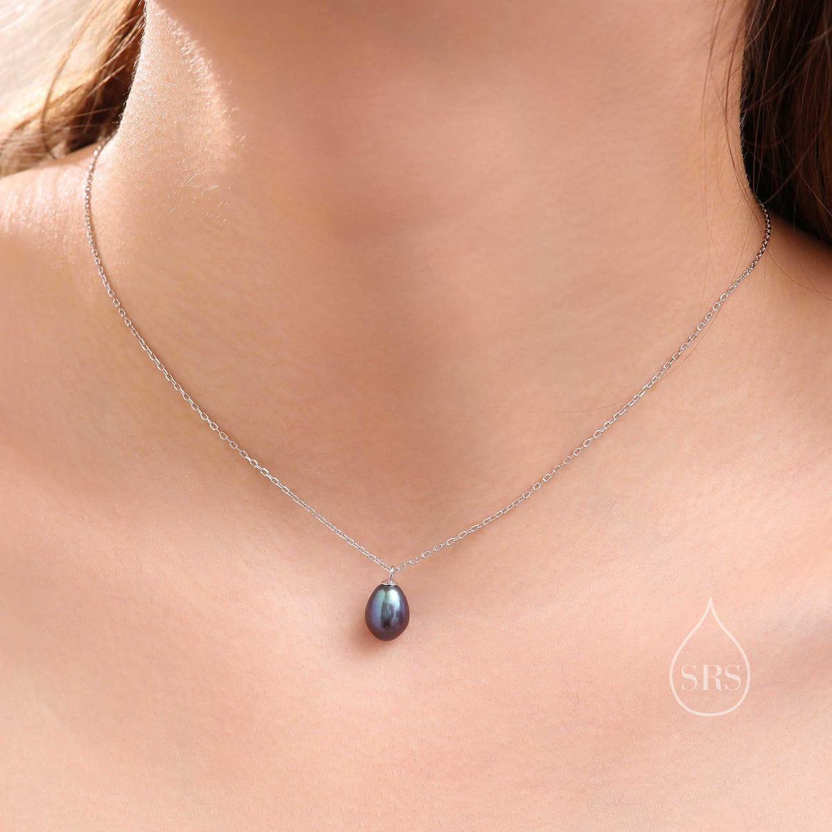 Natural Metallic Grey Pearl Necklace in Sterling Silver, Genuine Freshwater Pearl Pendant Necklace in Sterling Silver, Oval Pearl