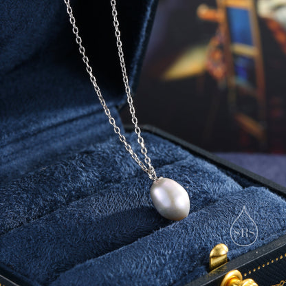 Natural Metallic Grey Pearl Necklace in Sterling Silver, Genuine Freshwater Pearl Pendant Necklace in Sterling Silver, Oval Pearl