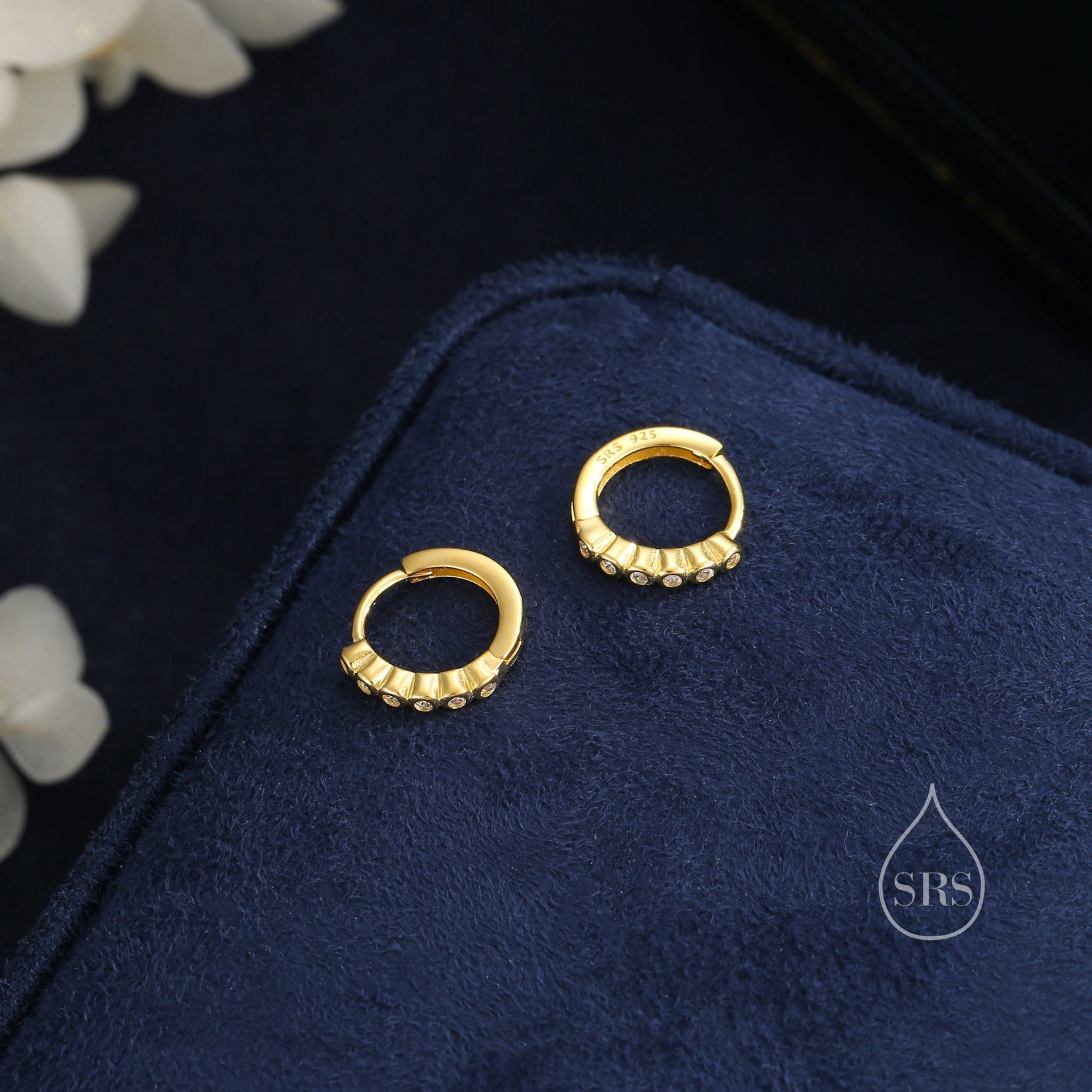 Delicate CZ Huggie Hoop Earrings in Sterling Silver, 8mm Inner Diameter, Silver or Gold, Geometric Hoop Earrings