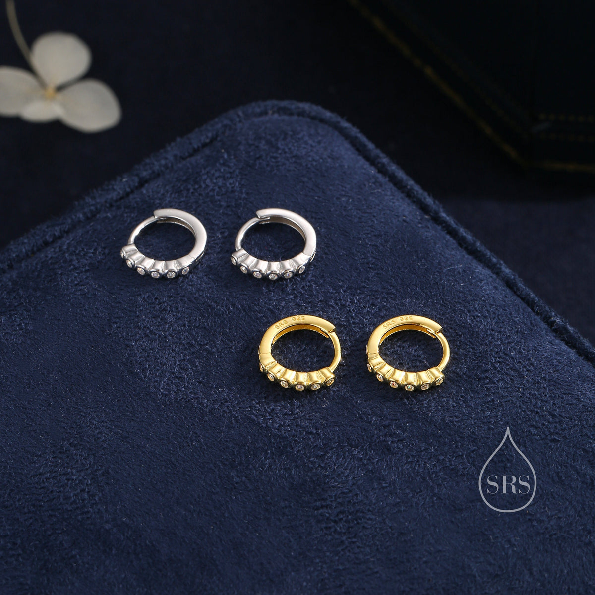 Delicate CZ Huggie Hoop Earrings in Sterling Silver, 8mm Inner Diameter, Silver or Gold, Geometric Hoop Earrings