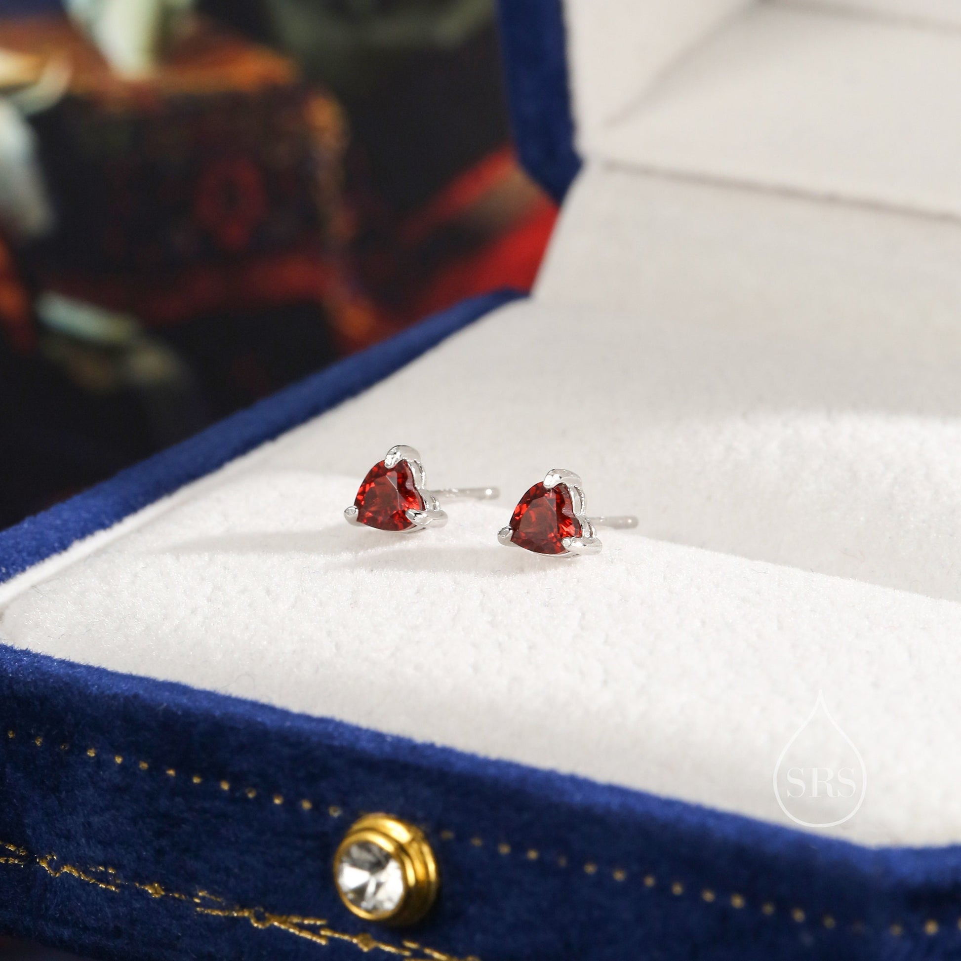 Natural Garnet Crystal Heart Stud Earrings in Sterling Silver,4mm or 5mm Crystal, Heart Stud Earrings, Tiny Heart Earrings