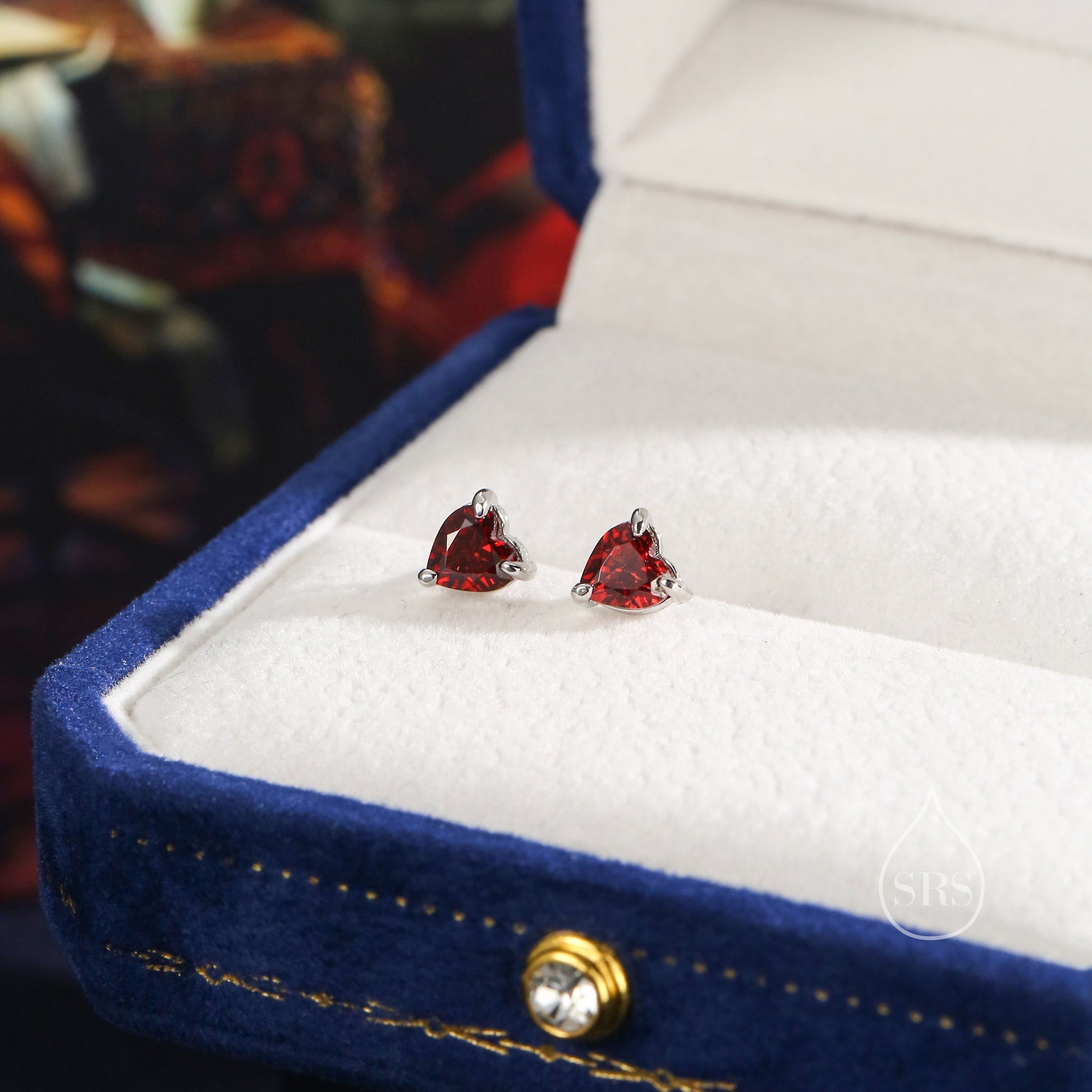 Natural Garnet Crystal Heart Stud Earrings in Sterling Silver,4mm or 5mm Crystal, Heart Stud Earrings, Tiny Heart Earrings