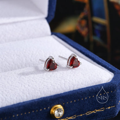 Natural Garnet Crystal Heart Stud Earrings in Sterling Silver,4mm or 5mm Crystal, Heart Stud Earrings, Tiny Heart Earrings