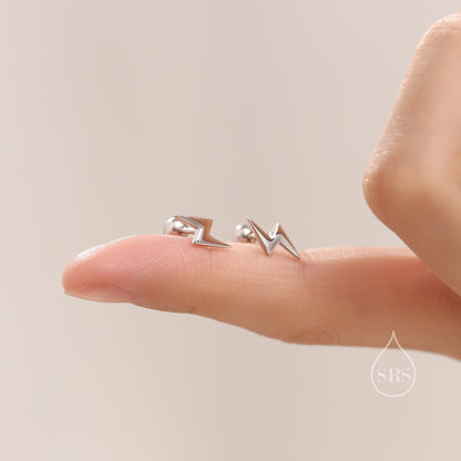 Lightning Bolt Barbell Earrings in Sterling Silver, Screw Back Lightning Bolt Earrings