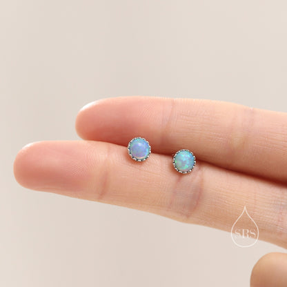 Sterling Silver 6mm Blue Opal Stud Earrings, Tiny Lab Opal Earrings, Fire Opal, Opal Stud