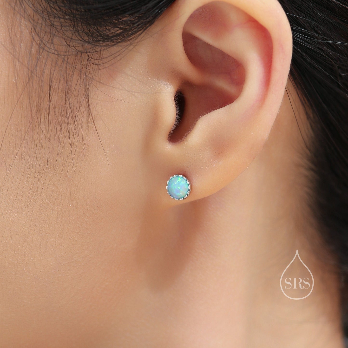 Sterling Silver 6mm Blue Opal Stud Earrings, Tiny Lab Opal Earrings, Fire Opal, Opal Stud