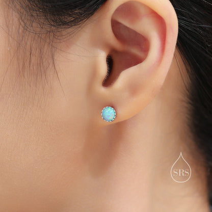 Sterling Silver 6mm Blue Opal Stud Earrings, Tiny Lab Opal Earrings, Fire Opal, Opal Stud