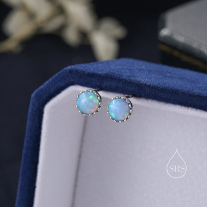 Sterling Silver 6mm Blue Opal Stud Earrings, Tiny Lab Opal Earrings, Fire Opal, Opal Stud