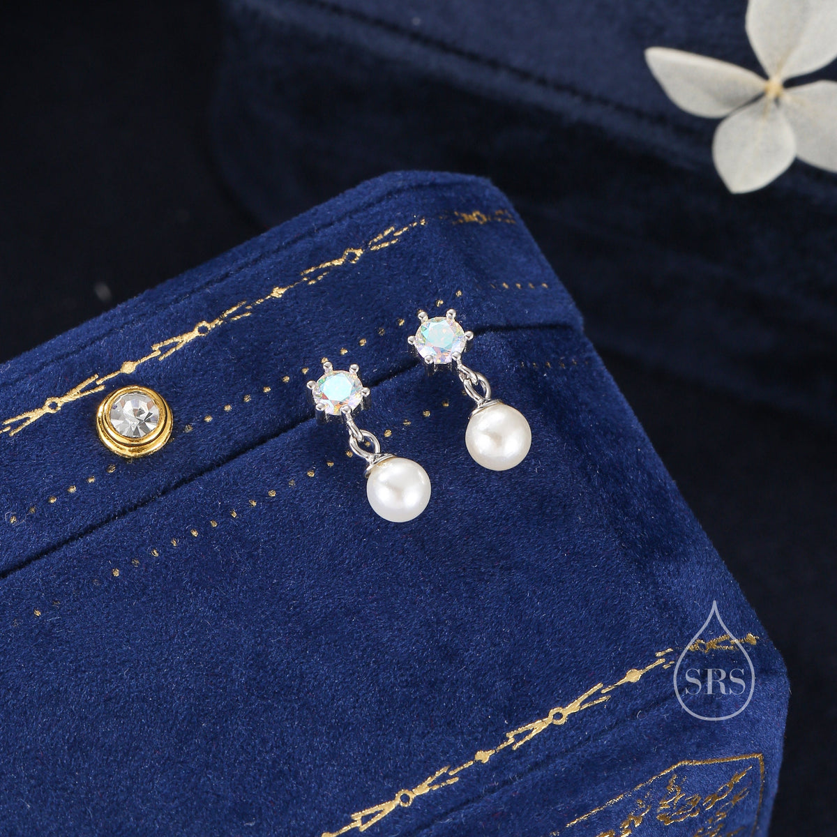 Aurora AB Crystal with Dangling Pearl Earrings in Sterling Silver, CZ and Pearl Drop Earrings, Lab Created Mother of Pearl Beads