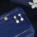 Aurora AB Crystal with Dangling Pearl Earrings in Sterling Silver, CZ and Pearl Drop Earrings, Lab Created Mother of Pearl Beads