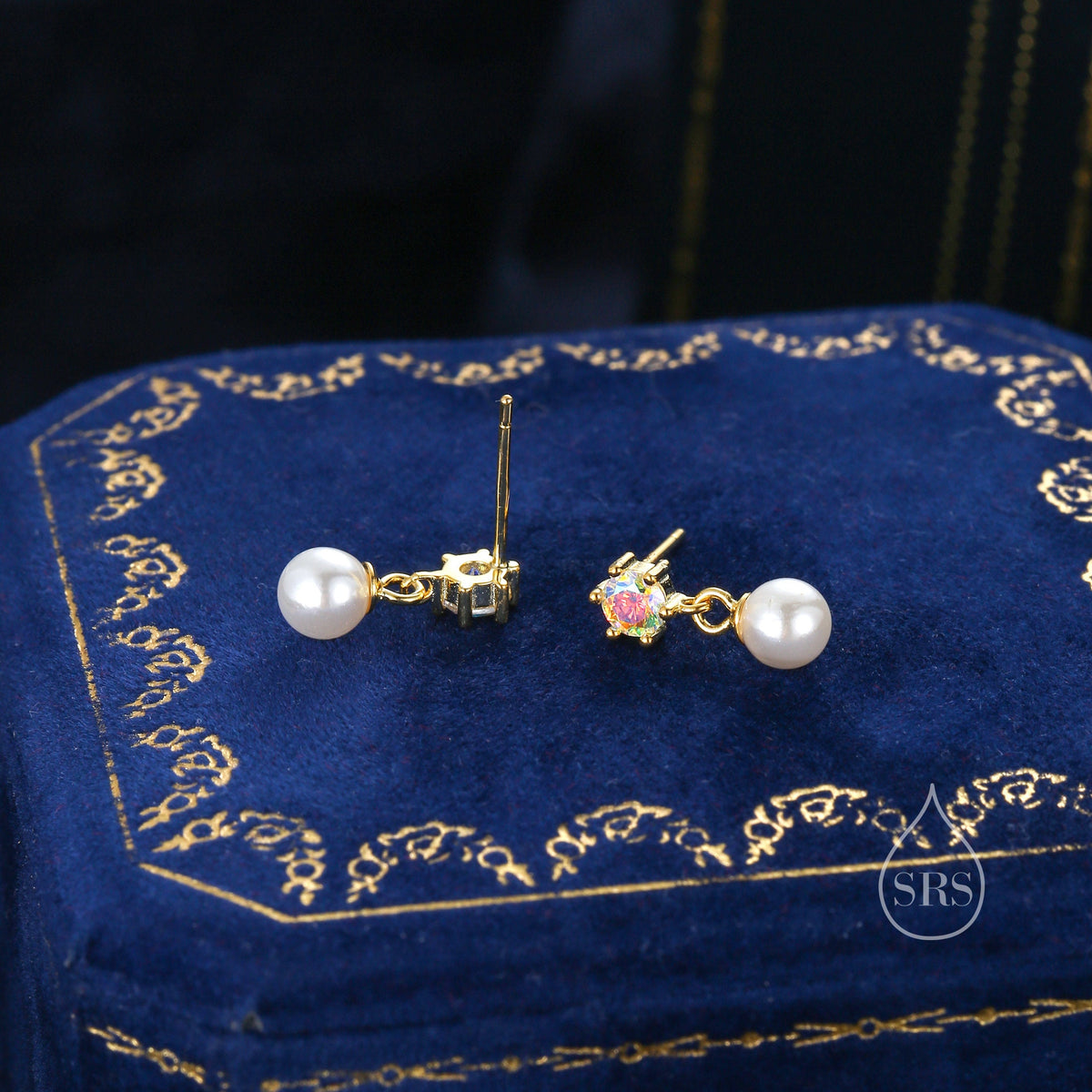 Aurora AB Crystal with Dangling Pearl Earrings in Sterling Silver, CZ and Pearl Drop Earrings, Lab Created Mother of Pearl Beads
