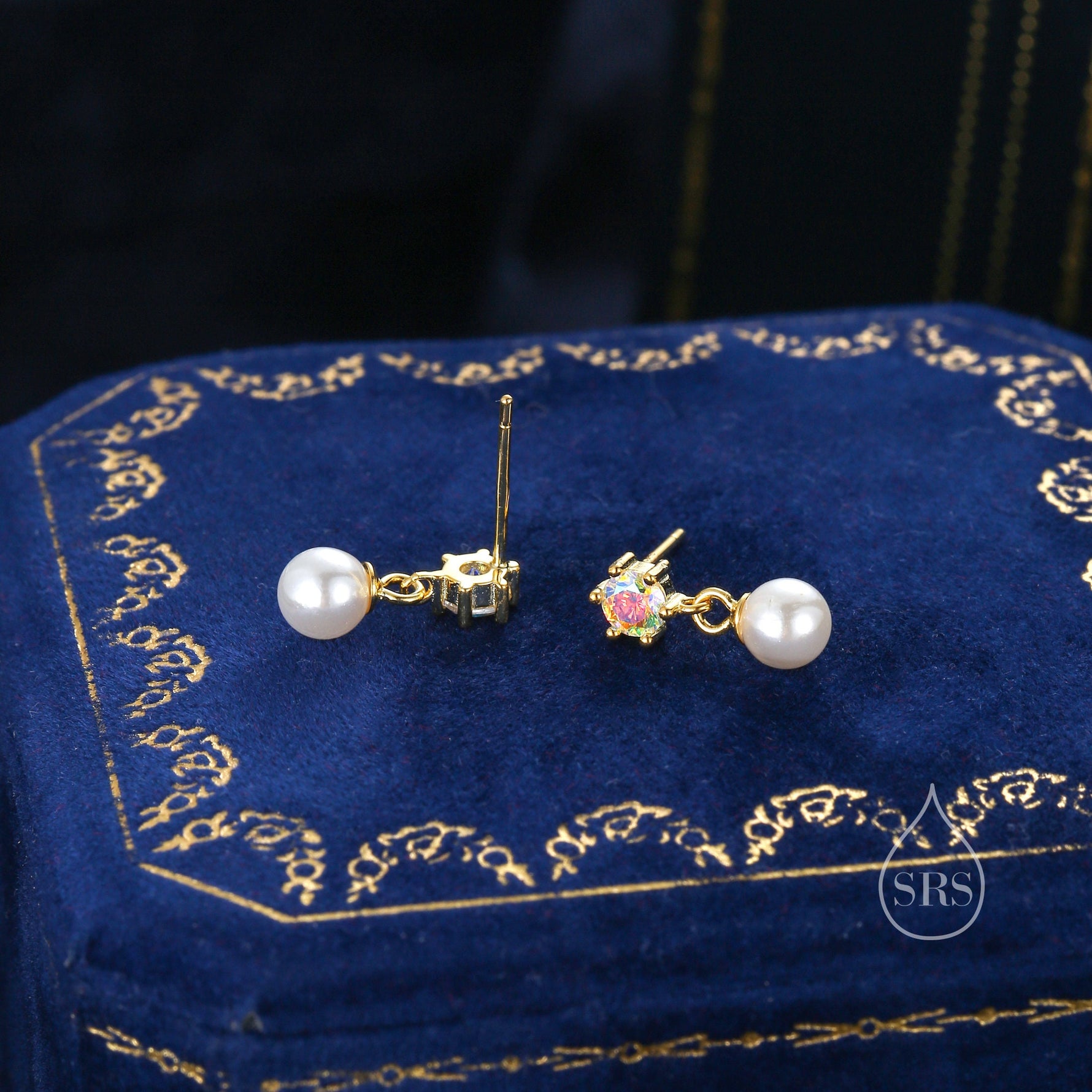 Aurora AB Crystal with Dangling Pearl Earrings in Sterling Silver, CZ and Pearl Drop Earrings, Lab Created Mother of Pearl Beads