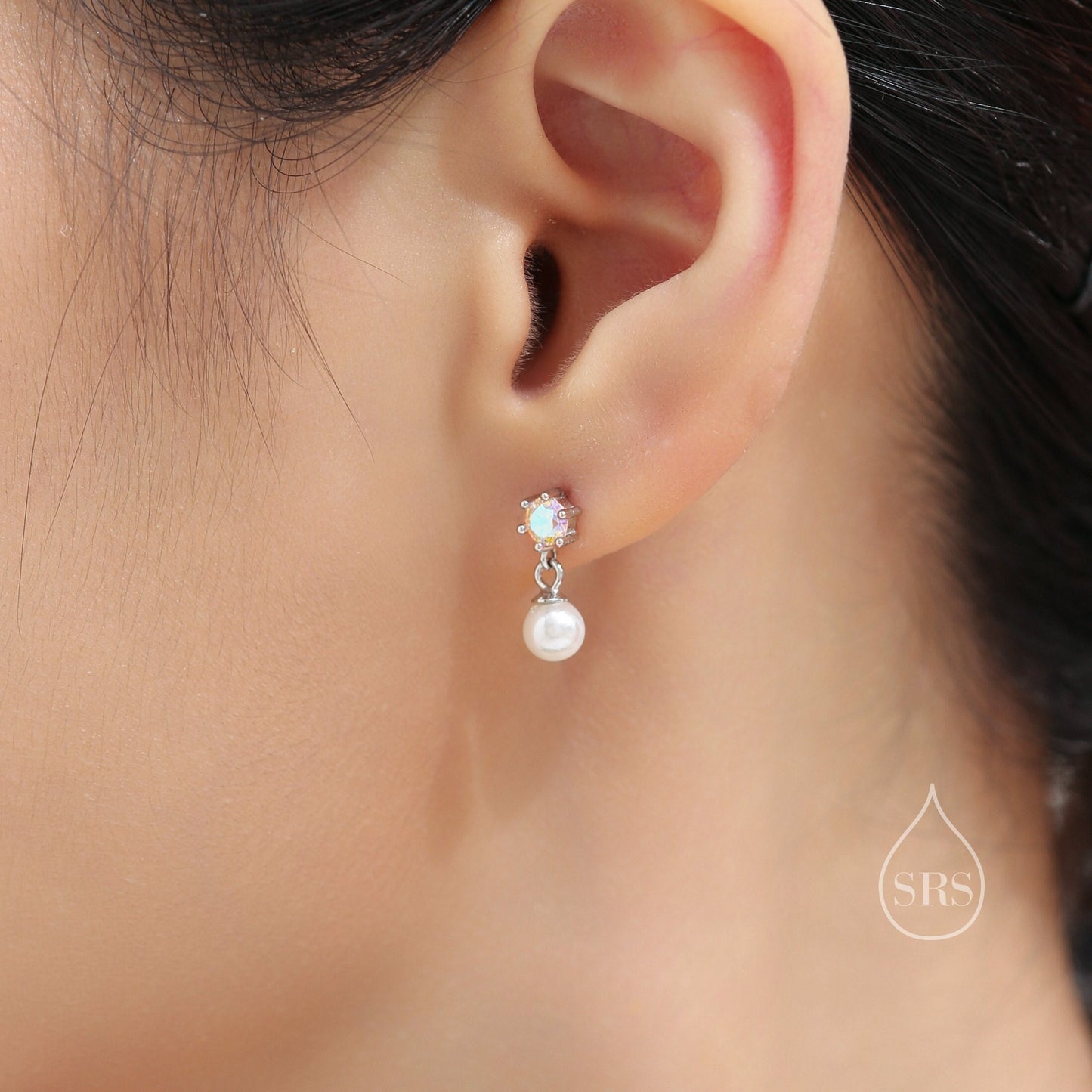 CZ Crystal with Dangling Pearl Earrings in Sterling Silver, CZ and Pearl Drop Earrings, Lab Created Mother of Pearl Beads