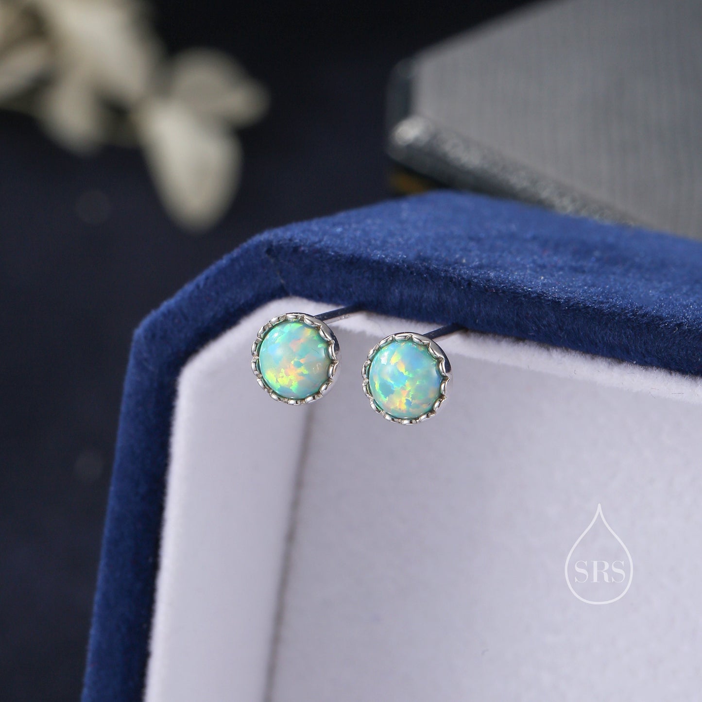 Sterling Silver 6mm Aqua Green Opal Stud Earrings, Tiny Lab Opal Earrings, Fire Opal, Opal Stud