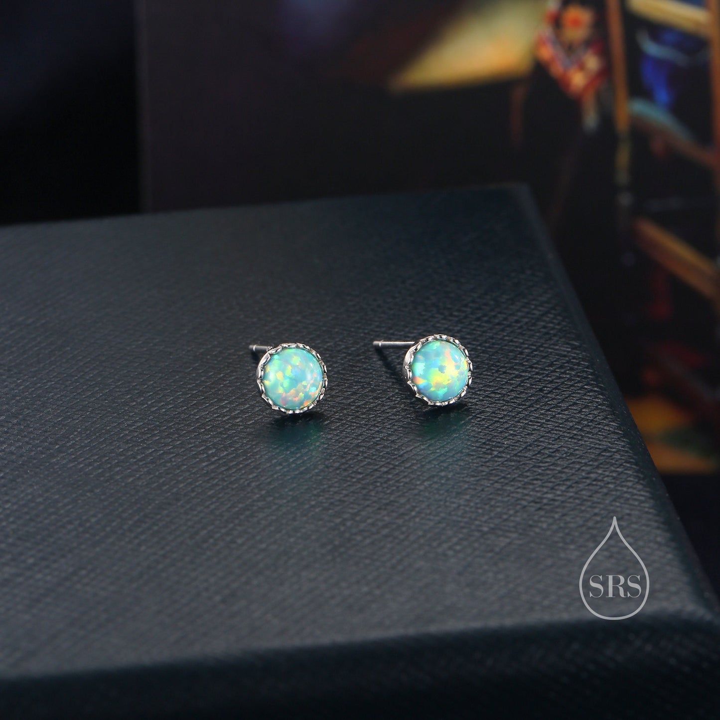 Sterling Silver 6mm Aqua Green Opal Stud Earrings, Tiny Lab Opal Earrings, Fire Opal, Opal Stud