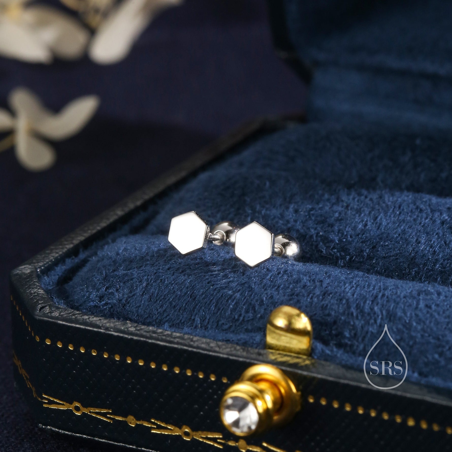 Tiny Hexagon Barbell Earrings in Sterling Silver, Silver or Gold, Screw Back Black Hexagon Earrings, Screwback Earrings