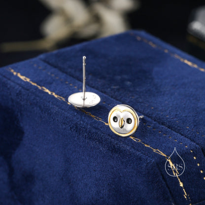 Cute Barn Owl Face Stud Earrings in Sterling Silver, Owl Bird Earrings, Nature Inspired Animal Earrings