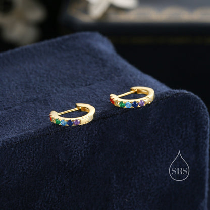 Rainbow CZ Huggie Hoops in Sterling Silver, Silver or Gold, Minimalist Hoop Earrings, 8mm Hoops, Gradient