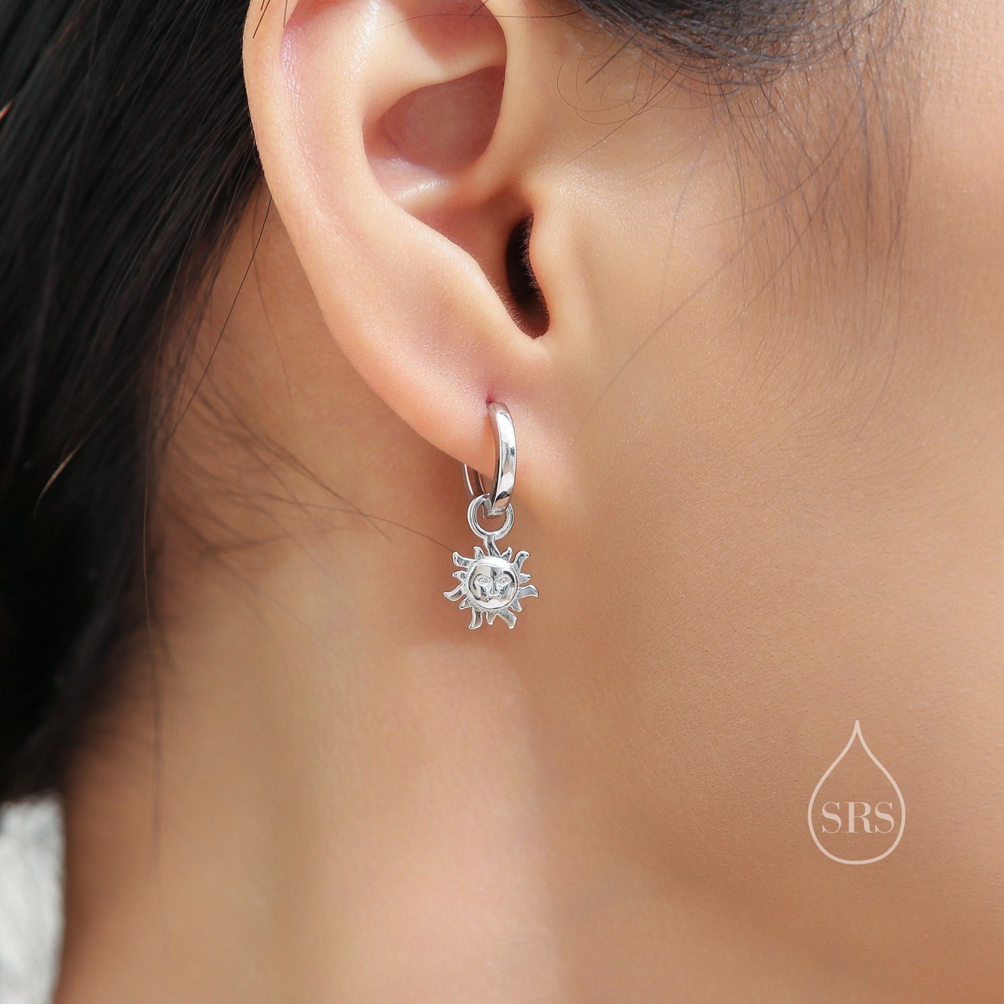 Dangling Sun and Moon with Face Hoop in Sterling Silver, Mismatched Pair, Silver or Gold, Sun Face Earrings, Detachable and Interchangeable