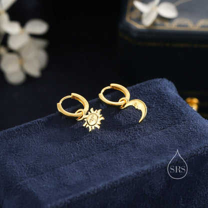 Dangling Sun and Moon with Face Hoop in Sterling Silver, Mismatched Pair, Silver or Gold, Sun Face Earrings, Detachable and Interchangeable