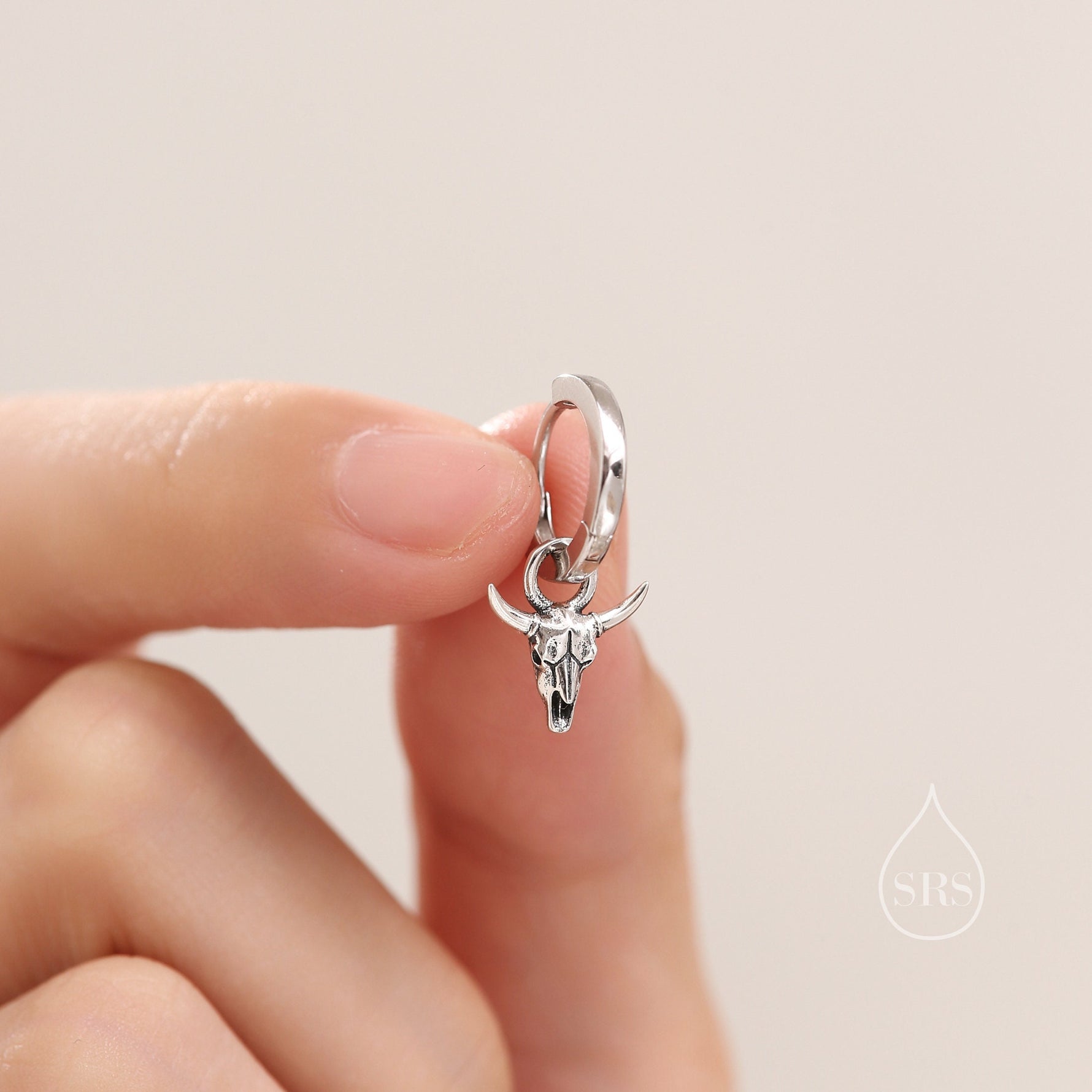 Tiny Bull Skull Huggie Hoop Earrings in Sterling Silver, Bull Skull Earrings, Animal Skull Dangle Hoops, Animal Earrings