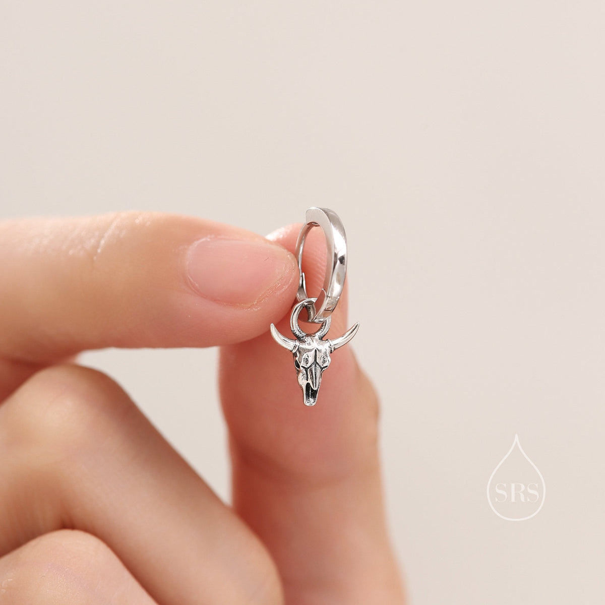 Tiny Bull Skull Huggie Hoop Earrings in Sterling Silver, Bull Skull Earrings, Animal Skull Dangle Hoops, Animal Earrings