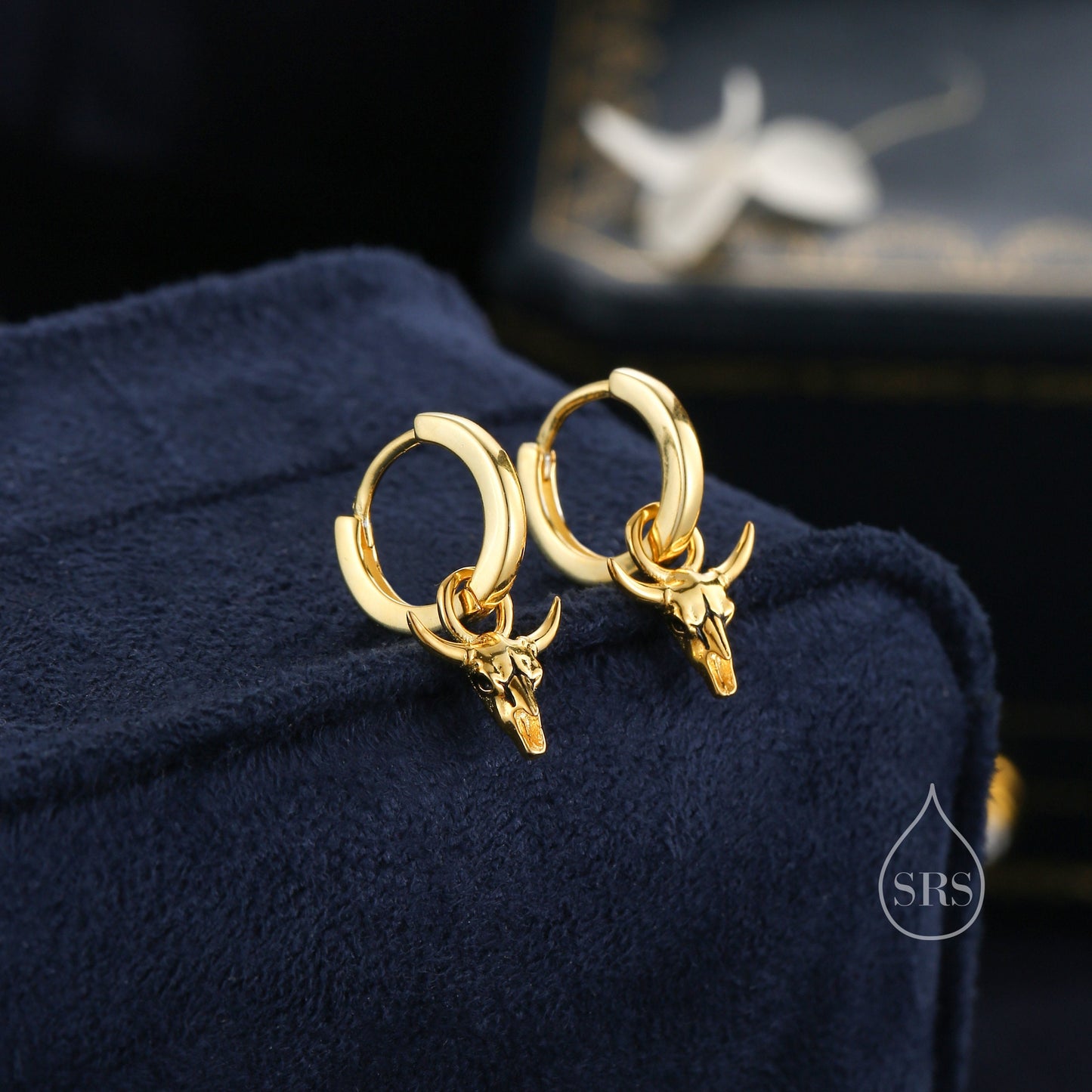 Tiny Bull Skull Huggie Hoop Earrings in Sterling Silver, Bull Skull Earrings, Animal Skull Dangle Hoops, Animal Earrings