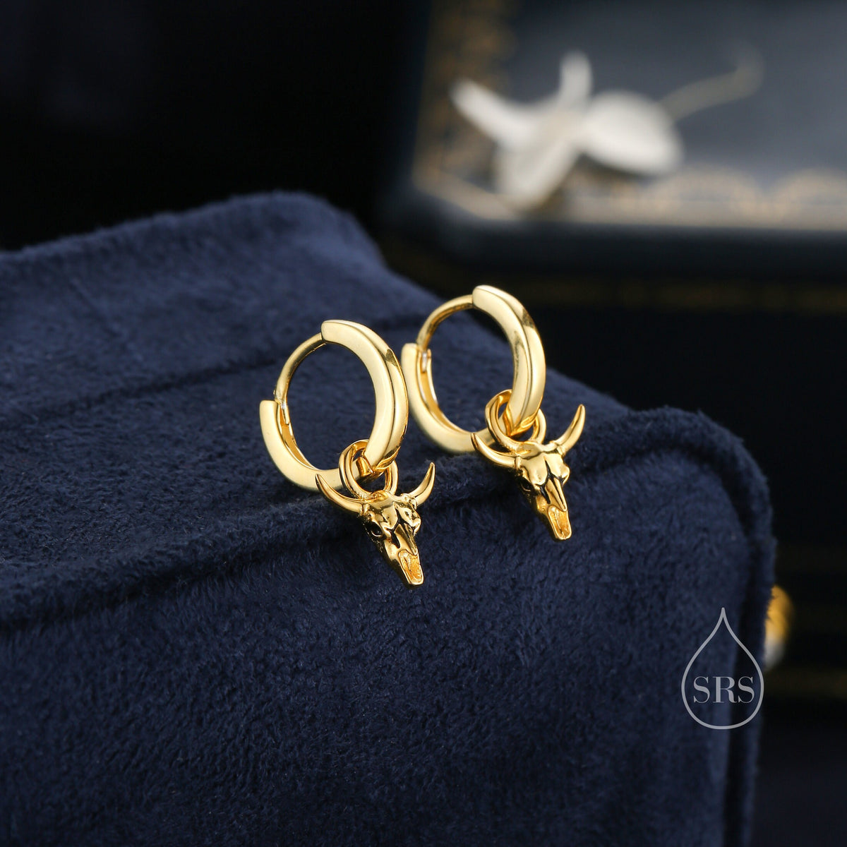 Tiny Bull Skull Huggie Hoop Earrings in Sterling Silver, Bull Skull Earrings, Animal Skull Dangle Hoops, Animal Earrings