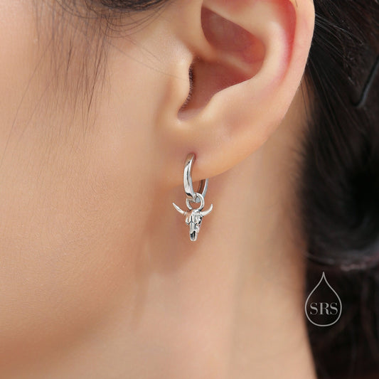 Tiny Bull Skull Huggie Hoop Earrings in Sterling Silver, Bull Skull Earrings, Animal Skull Dangle Hoops, Animal Earrings