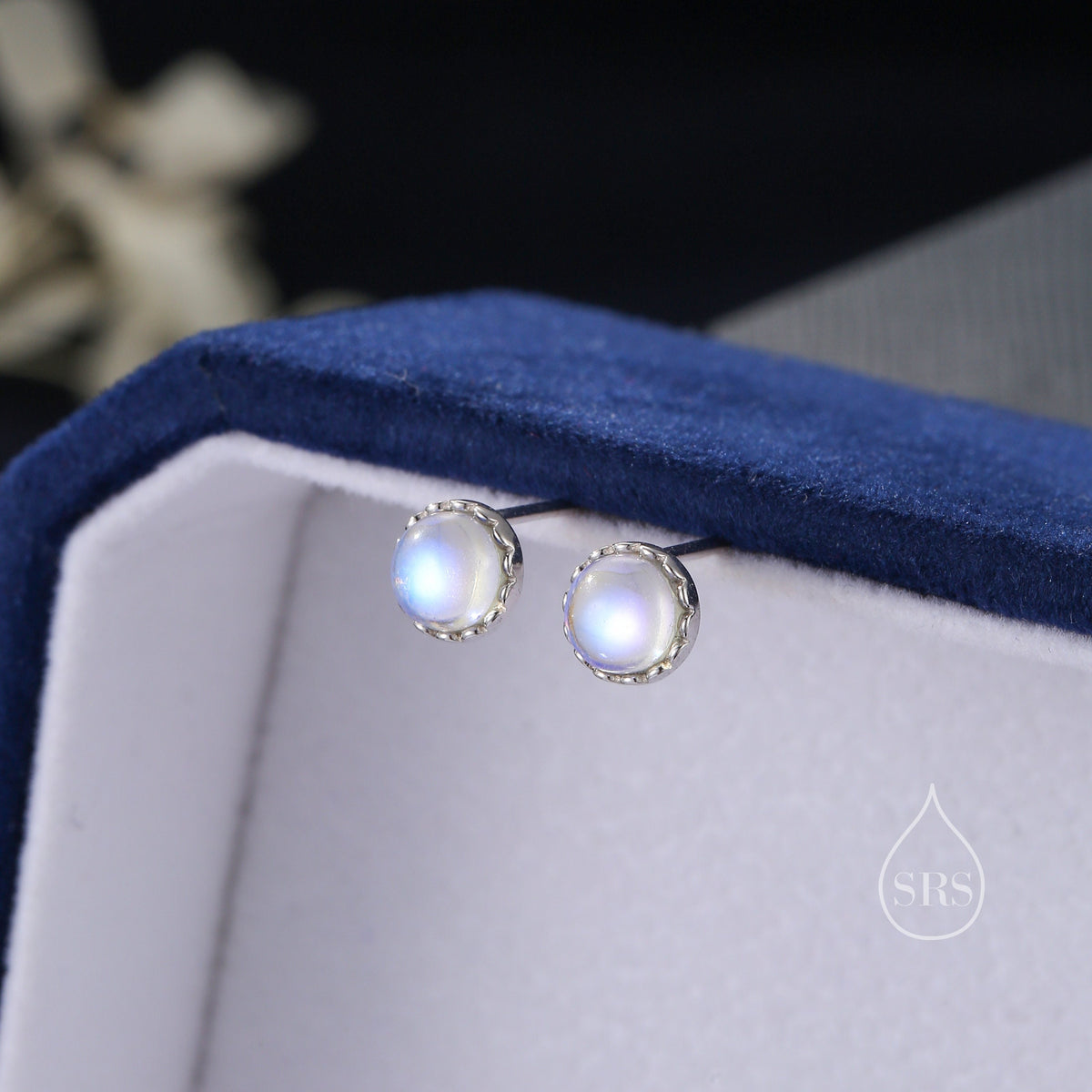 Sterling Silver 6mm Moonstone Stud Earrings, Tiny Lab Moonstone Earrings, Moonstone Stud