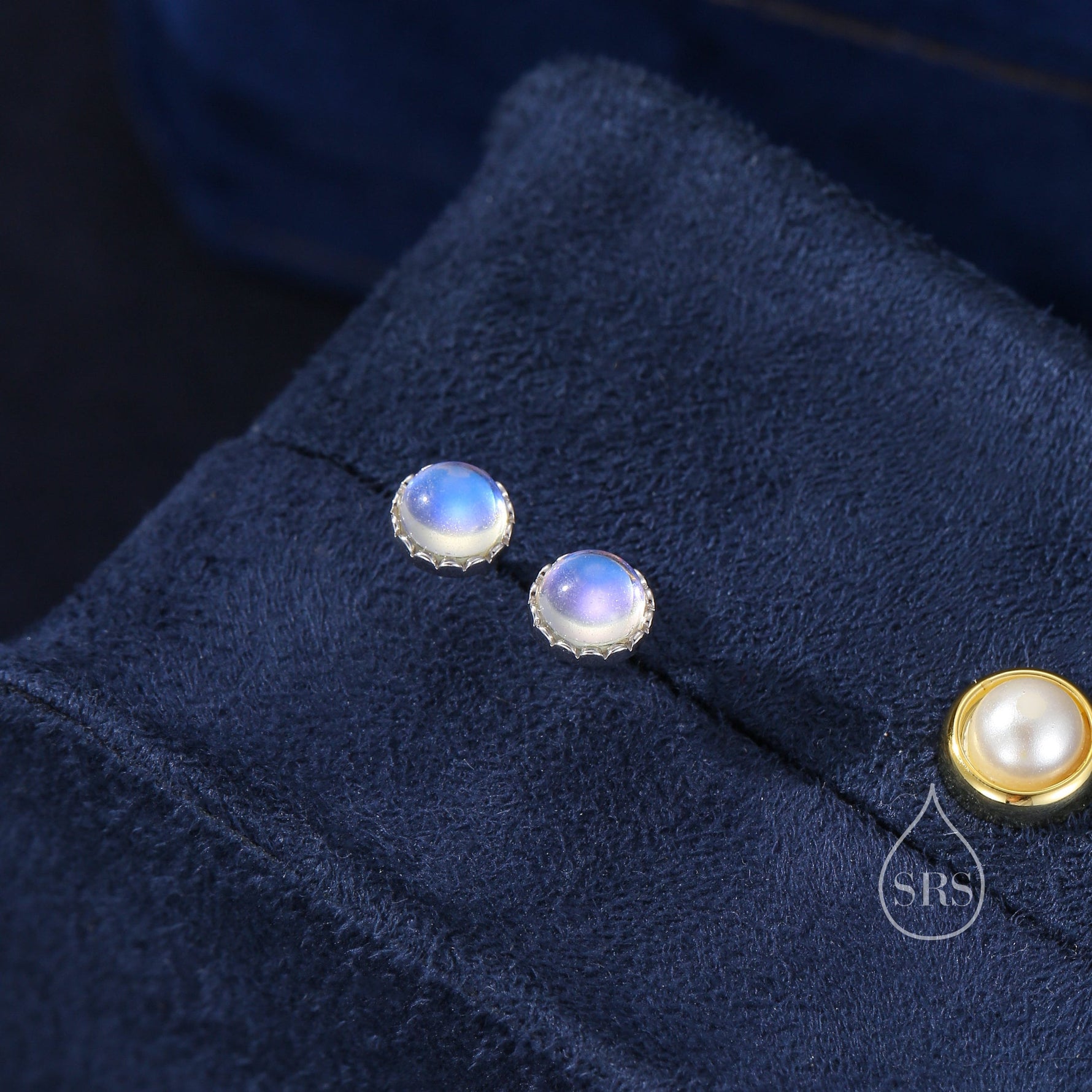 Sterling Silver 6mm Moonstone Stud Earrings, Tiny Lab Moonstone Earrings, Moonstone Stud