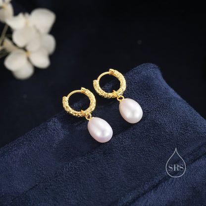 Oval Pearl Hammered Hoop Earrings in Sterling Silver, Detachable Pearl Hoop Earrings, Pearl Huggie Hoops, Keshi Pearls