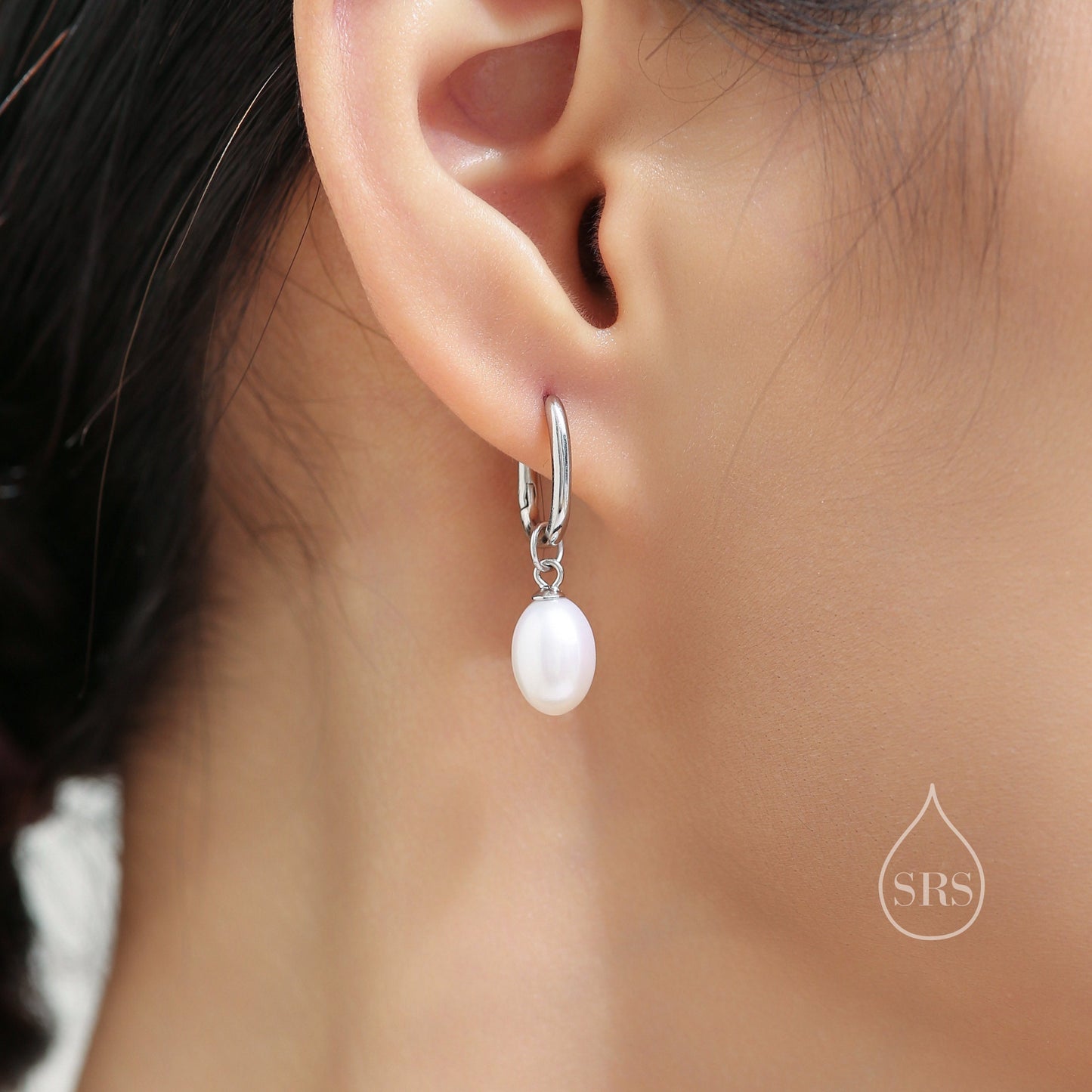 Oval Pearl Oval Hoop Earrings in Sterling Silver, Detachable Pearl Rectangle Hoop Earrings, Pearl Square Huggie Hoops, Keshi Pearls