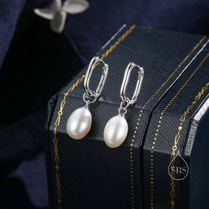 Oval Pearl Oval Hoop Earrings in Sterling Silver, Detachable Pearl Rectangle Hoop Earrings, Pearl Square Huggie Hoops, Keshi Pearls