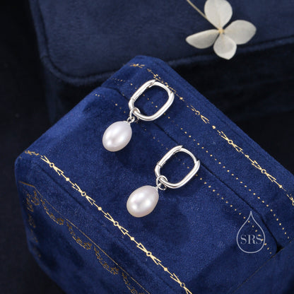 Oval Pearl Oval Hoop Earrings in Sterling Silver, Detachable Pearl Rectangle Hoop Earrings, Pearl Square Huggie Hoops, Keshi Pearls
