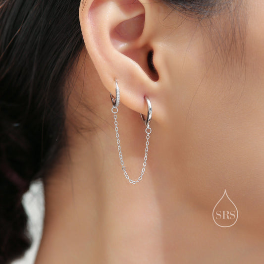 Asymmetric CZ Huggie Hoop Earrings with a Linking Chain, Chained Hoop Earrings, Linked Hoops, Linked Crystal Hoops