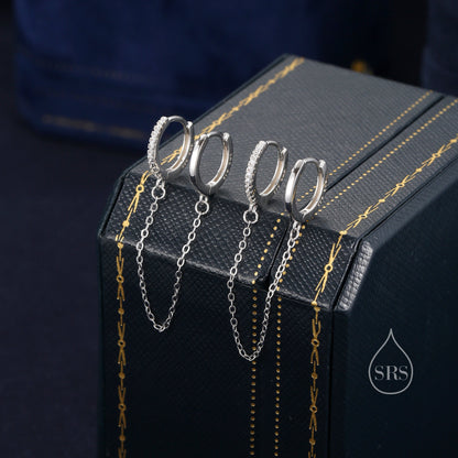 Asymmetric CZ Huggie Hoop Earrings with a Linking Chain, Chained Hoop Earrings, Linked Hoops, Linked Crystal Hoops