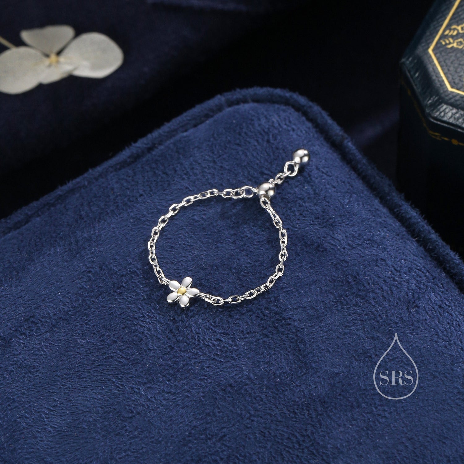 Sterling Silver Forget Me Not Flower Soft Ring, Adjustable Size Flower Chain Ring, Soft chain Ring in Sterling Silver