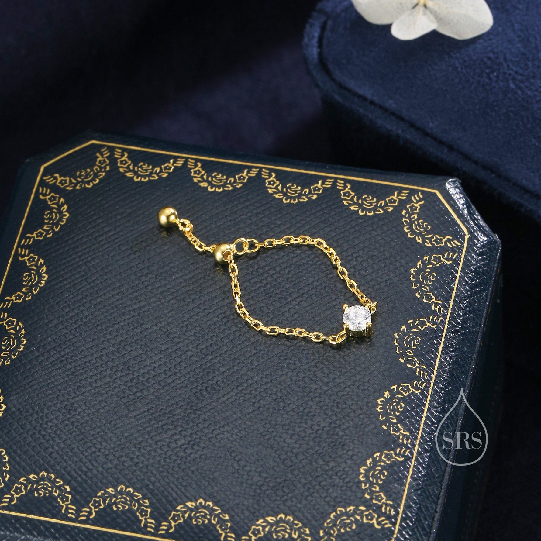 Sterling Silver Sparkly CZ Soft Ring, Adjustable Size Crystal Chain Ring, Silver or Gold, Soft chain Ring in Sterling Silver