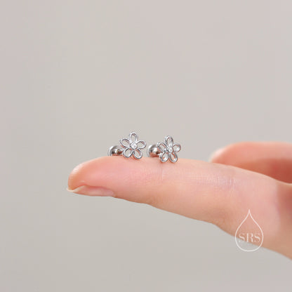 Forget me not Internally Threaded Flat Back/ Screw Back /Stud Earrings in Sterling Silver, Flower Barbell Earrings, Daisy Screw Back Earring