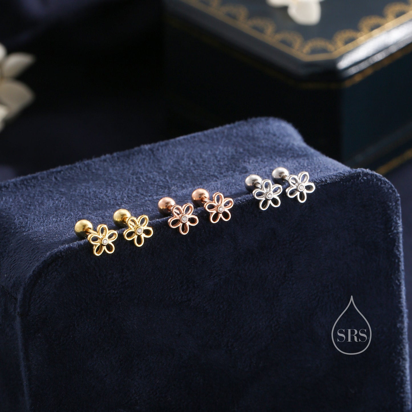 Forget me not Internally Threaded Flat Back/ Screw Back /Stud Earrings in Sterling Silver, Flower Barbell Earrings, Daisy Screw Back Earring