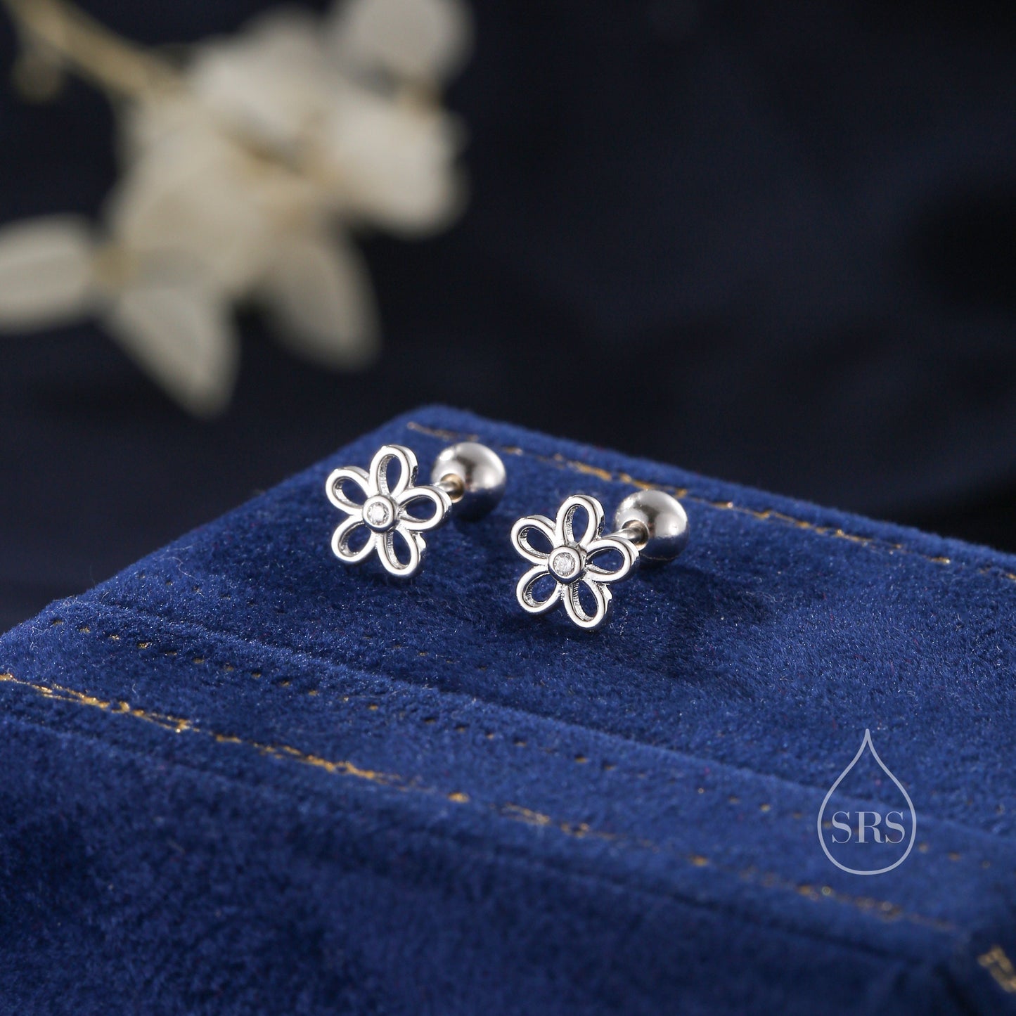 Forget me not Internally Threaded Flat Back/ Screw Back /Stud Earrings in Sterling Silver, Flower Barbell Earrings, Daisy Screw Back Earring