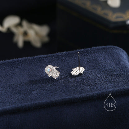 Sterling Silver Blue Opal Hamsa Hand Stud Earrings, Gold and Silver, Cute and Quirky Jewellery