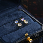Moonstone and CZ Dangle Stud Earrings in Sterling Silver, Round Moonstone and CZ, Silver or Gold, Two CZ Prong Set Earrings
